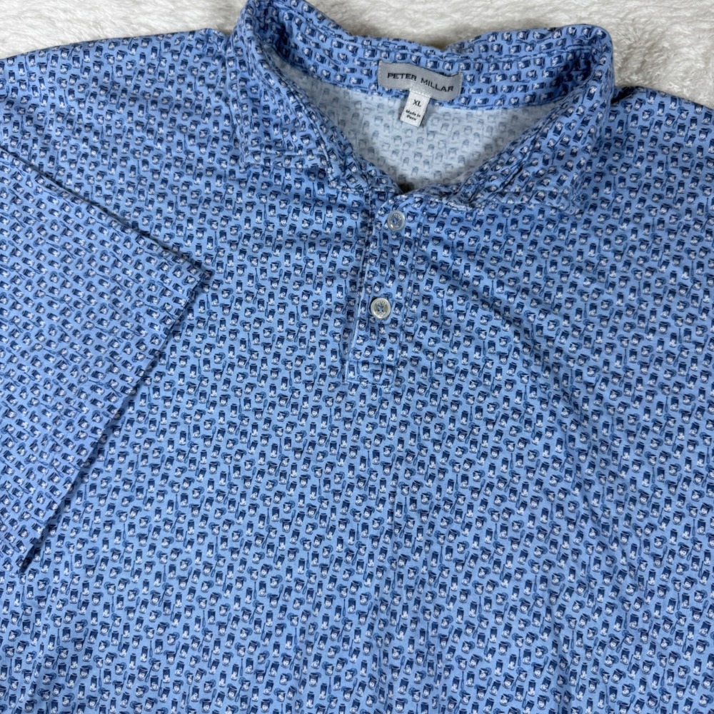 Peter Millar MS23K58 Mens XL Blue Cocktail Print Pima Cotton s/s Button Up Polo
